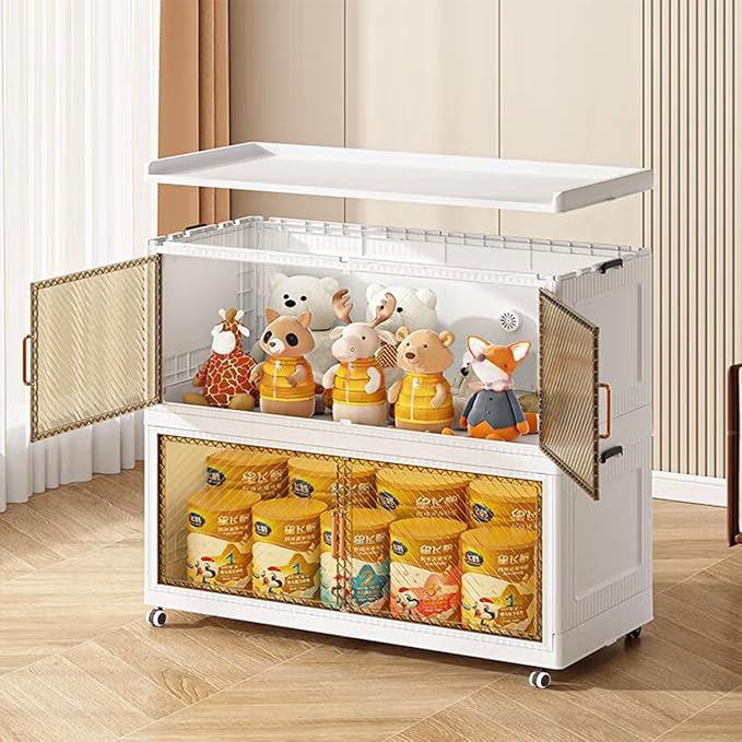 590QT Stackable Storage Bins with Lid147Gal Closet Organizers and Plastic Cabinets Shelves Collapsible Drawers with PET Clear Doors Foldable Boxes with Wheels for Home Office 3Pack