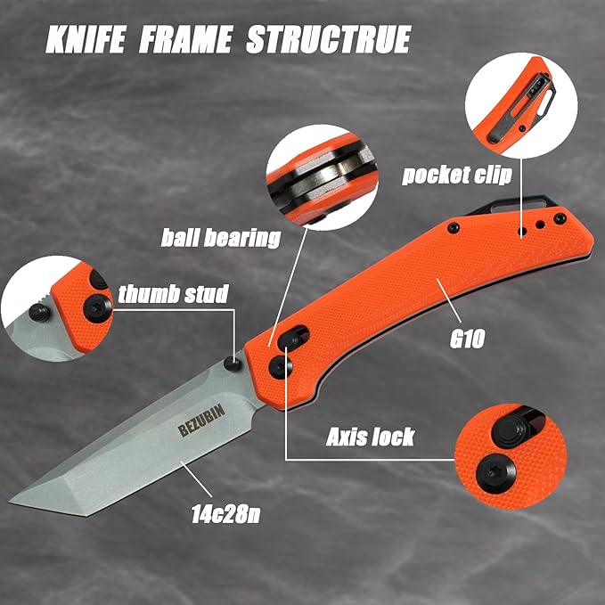 Axis Lock Folding Knife With Pocket Clip14C28N Steel BladeOrange G10 HandleEDC Pocket Knife for Camping Fishing Hiking Outdoor Survival