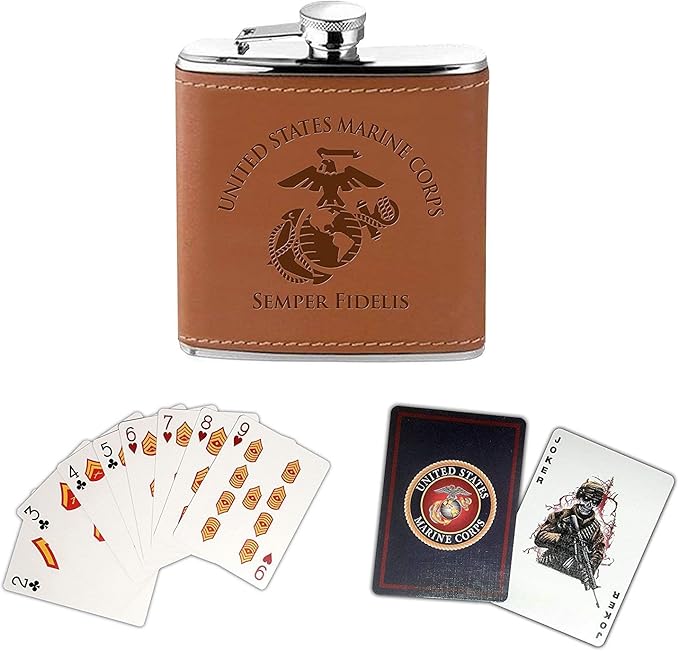 Marine Corps Flask &amp Card-Set - Leather-Wrapped USMC-Flask with Rank Playing-Cards – Marine-Corps Gifts | Disabled Vet Owned SMALL Business