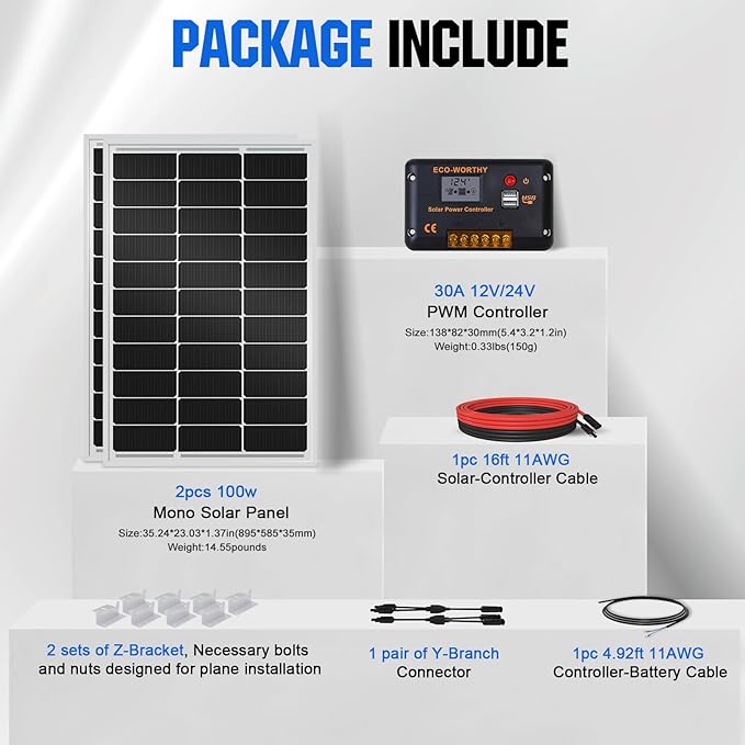 ECO-WORTHY 200 Watts 12 Volt/24 Volt Solar Panel Kit with High Efficiency Monocrystalline Solar Panel and 30A PWM Charge Controller for RV Camper Vehicle Caravan and Other Off Grid Applications