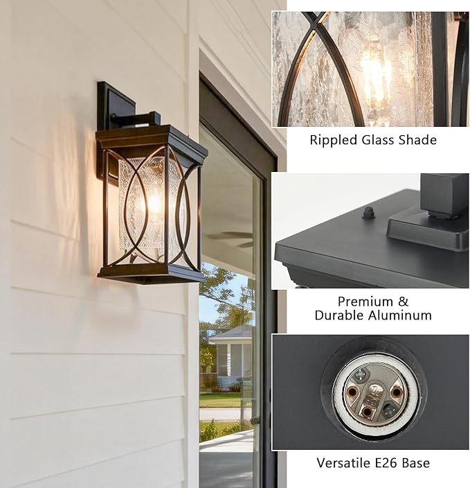 Refice Aluminum 15.2 Outdoor Wall Light IP65 Waterproof Outside Lights for House with Rippled Glass Shade Black Exterior Lighting Fixtures for Patio Garage Front Door Garden &amp Porch 1 Pack