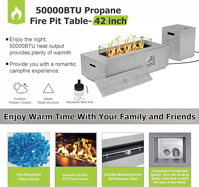 SUNPEAK 42 Rectangular Propane Fire Pit table 50000 BTU Fireplace Table with Wind Guard Glass Lid Rocks and Cover Outdoor Fire Pit for Deck or Patio Fogata para Patio (Light Grey 42 Standard)