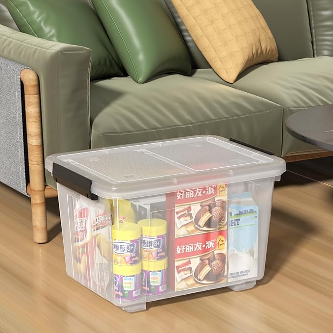 Sadstory 30 Quart Clear Latching Tote Bin with Lid Plastic Storage Box with Wheels 4 Packs