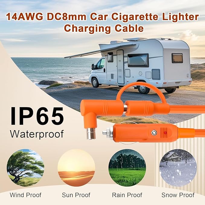 25FT 14AWG Car Charging Cable for Jackery Portable Power Station Explorer 3000 2000 1500 1000 880 550 500 300 290 240 160DC 8mm Car Cigarette Lighter Charger Cable 15A with DC7909/8020 Plug