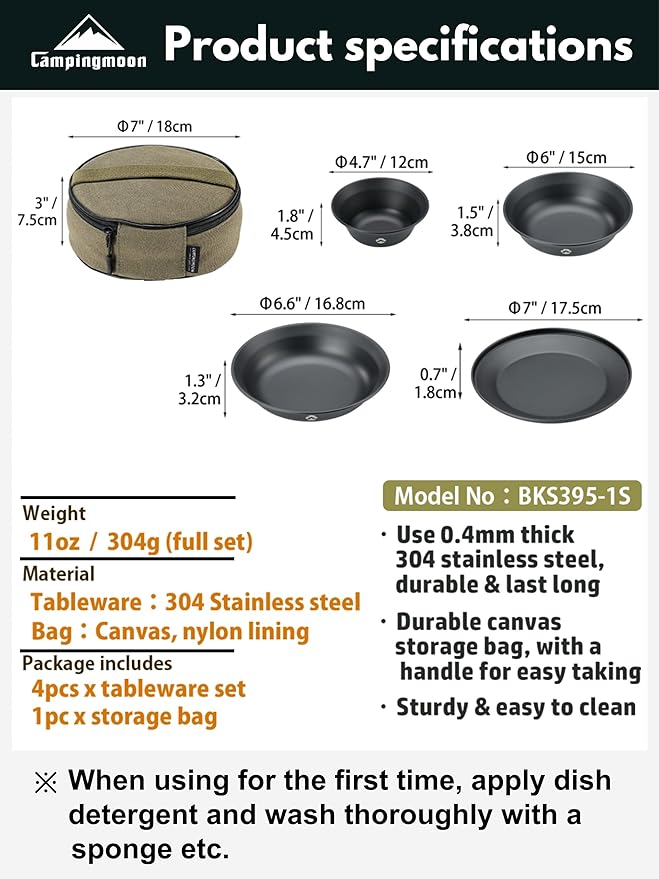 CAMPINGMOON Camping Tableware Set Stainless Steel Camping Plates Bowl Stackable Outdoor Dinnerware Canvas Carry Case Camping Hiking Picnic