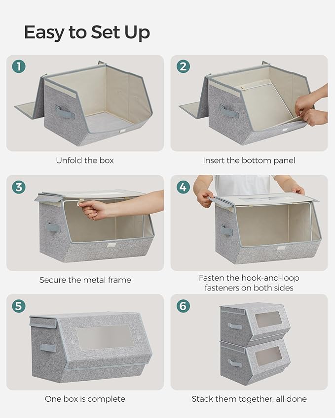 SONGMICS Stackable Storage Bins Set of 2 Storage Boxes with Lids and Front Windows Non-Woven Fabric Closet Organizers with Magnetic Closures Side Handles Dove Gray URLB002W01