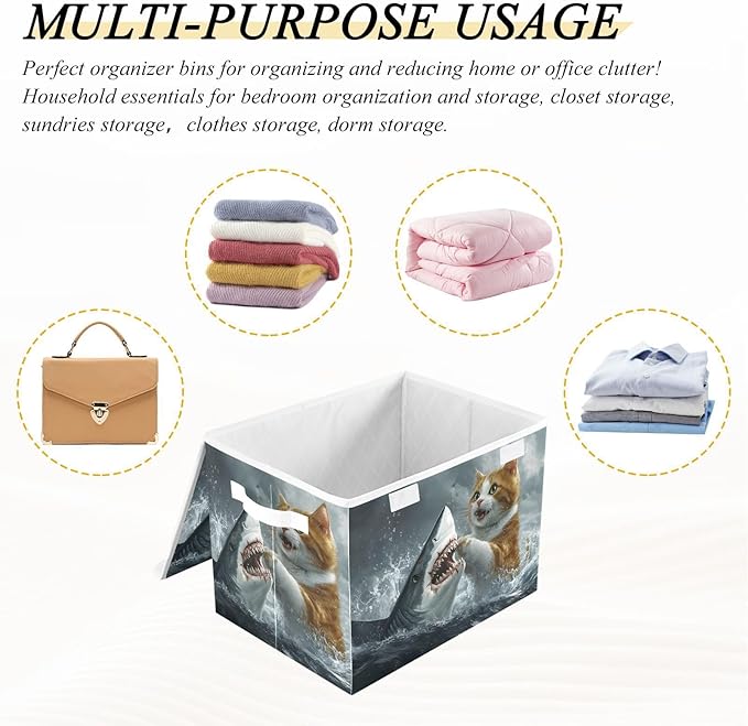 Cat Fight Fish Storage Cube Bins Basket with Lid Collapsible Flip-top Fabric with Handle for Home Bedroom Closet Office 16.5×12.6×11.8 in
