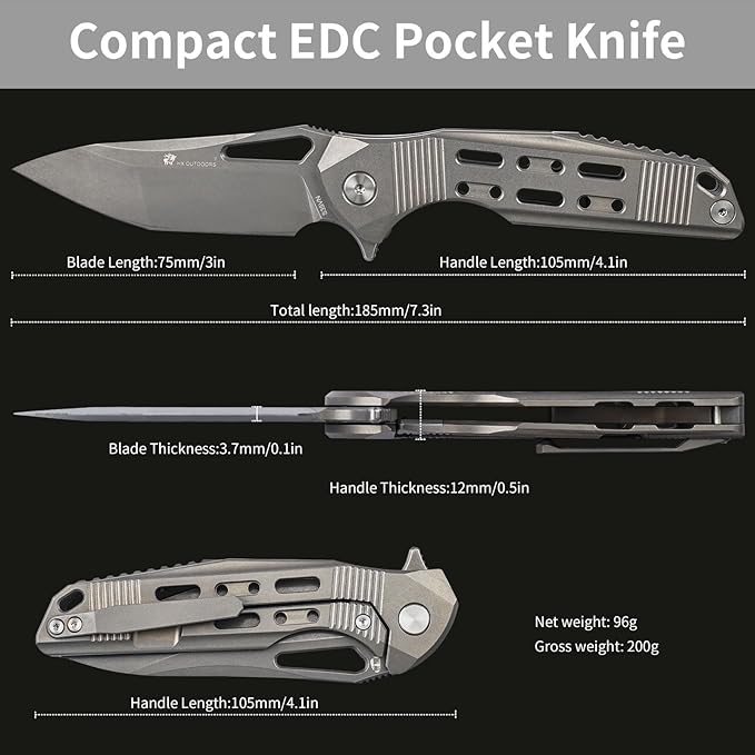 HX OUTDOORS Foldable Pocket Knife with Lock High End S35VN Steel Folding Knife with Non Slip Titanium Alloy Handle(Silver)