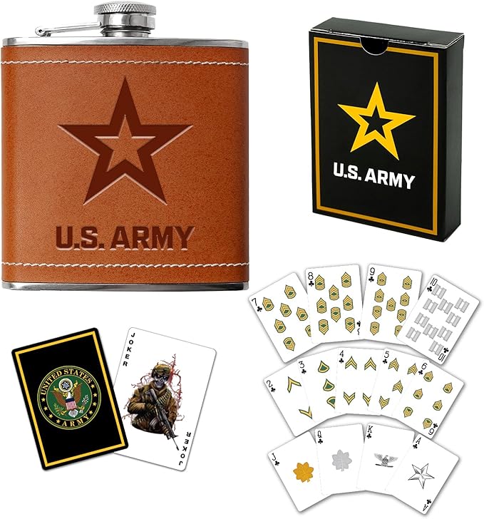 US-Army Flask &amp Cards Set | Leather-Wrapped Hip-Flask with Rank Playing Cards | Army Card &amp Flask-Set