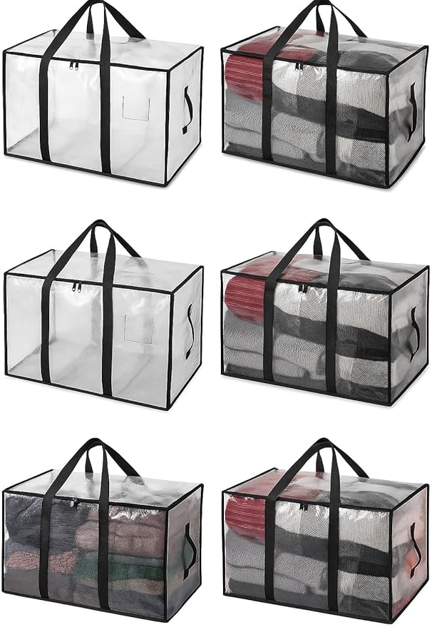 Heavy Duty Clear Tote Bag for Storage &amp Organization – Extra Large Durable Zippered Storage Bin with Reinforced Handles – for Home Travel &amp Garage Use (X-Large 6.0 Count)