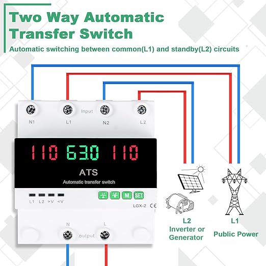 63A 110V Automatic/Manual Transfer Switch L1 Priority Phase Selector LED Display Din Rail Mount 50/60Hz CE Certified ATS for Generator Inverter Public Power