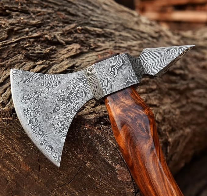 Custom Hand Forged Damascus Steel 16 Inch Long Bearded Axe Camping Axe Rose Wood Handle Viking Hatchet with Leather Sheath Best for Hunting Wood Cutting Gift for Him