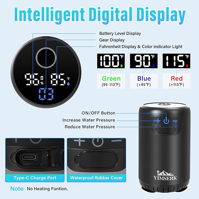 8000mAh Portable Camping Shower 10-Speed Camp Shower Pump LED Display 4 Spray Modes IPX8 Waterproof Outdoor Shower Kit for Hiking Travel Pet Car Wash