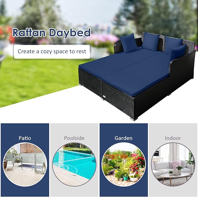 Tangkula Outdoor Rattan Daybed Sunbed Wicker Furniture w/Spacious Seat Upholstered Cushion &amp High-Resilience Sponge Wicker Patio Sofa Set w/Extra Pillows for Courtyard Poolside (Navy)