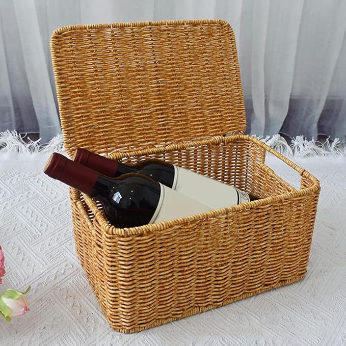Lurrose Decorative Small Lidded Storage Basket Imitation Rattan Woven Container with Lid Large-capacity Closet Organizer Bin for Bedroom and Outdoor Use