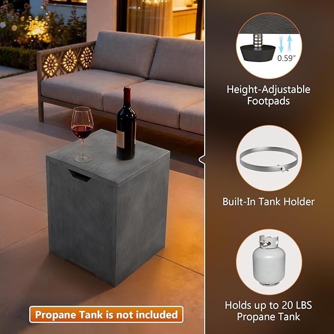 2-Piece 42 Rectangular Propane Fire Pit for Outside Patio with Hidden Tank Table 50000 BTU Fireplaces with Glass Wind Guard Lid Glass Rocks Cover(Grey Wood Grain)