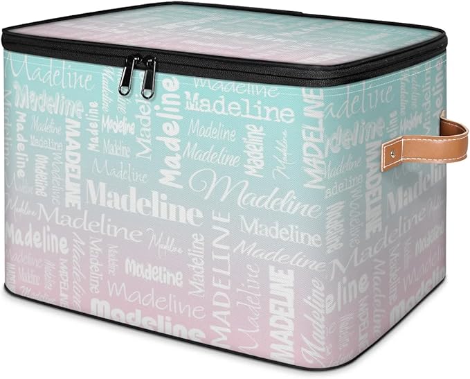Custom Storage Basket with Name Personalized Keepsake Box with Zipper Lid Foldable Fabric Memory Bin Large capacity with Handle Green Pink