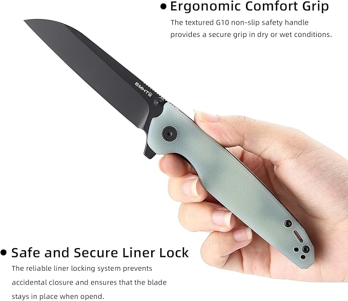 D2 Steel Folding Pocket Knife with Reversible Clip: 3.14 Black Sheepsfoot Blade Liner Lock G10 Handle Small EDC Flipper Knives Camping Tool for Man &amp Women Transparent Green