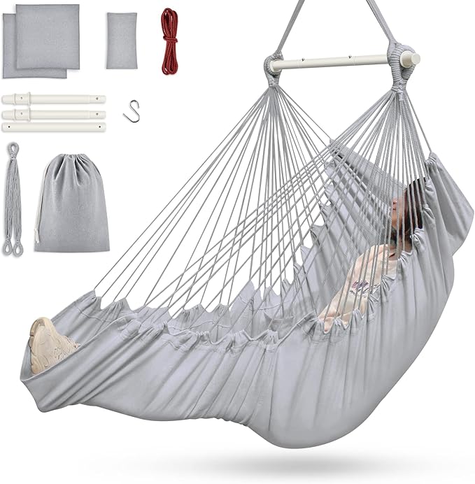 Outerman Hammock Chair Hanging Chair with 3 Cushions and Foot Rest Support Sturdy Metal Spreader Bar Max 440 Lbs Swing Chair for Bedroom Indoor &amp Outdoor Patio Porch or Tree（Gray）