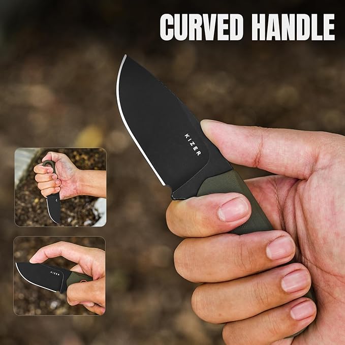 Kizer Beaver Fixed Blade Knife with Sheath 2.75 D2 Blade EDC Camping Fixed Blade Knife with Olive Green G10 Handle Small Bushcraft Survival Knives Outdoor Hunting Knives for Men Women 1078A1