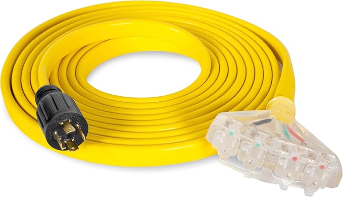 Wen 125V/250V 30-Amp 10-Gauge Flattened Under-Door Generator Extension Cord Splitter 25-Foot (converts L14-30R to Four 5-20R outlets) (PC1420F)