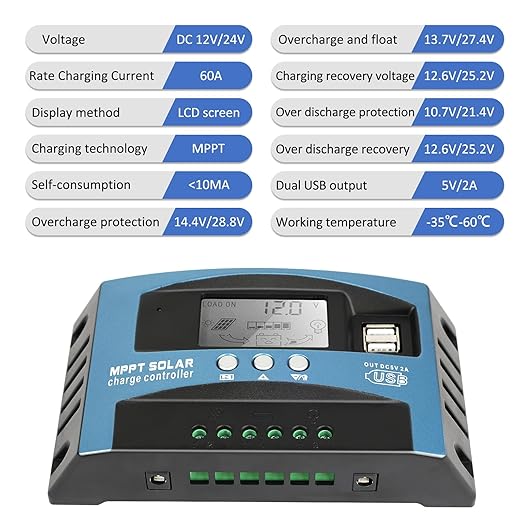 60A MPPT Solar Charge Controller 12V/24V Auto Solar Panel Intelligent Regulator with Dual USB LCD Display Multiple Load Control Modes Timer Setting