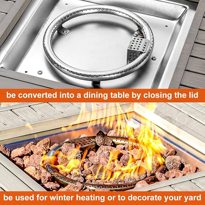 OutVue 28 Inch Propane Fire Pit Table Outdoor Gas Fire Pits with Lid &amp Lava Rock 50000 BTU Firepit for Dinning Party in Outside Patio Garden or Yard (Light Grey)
