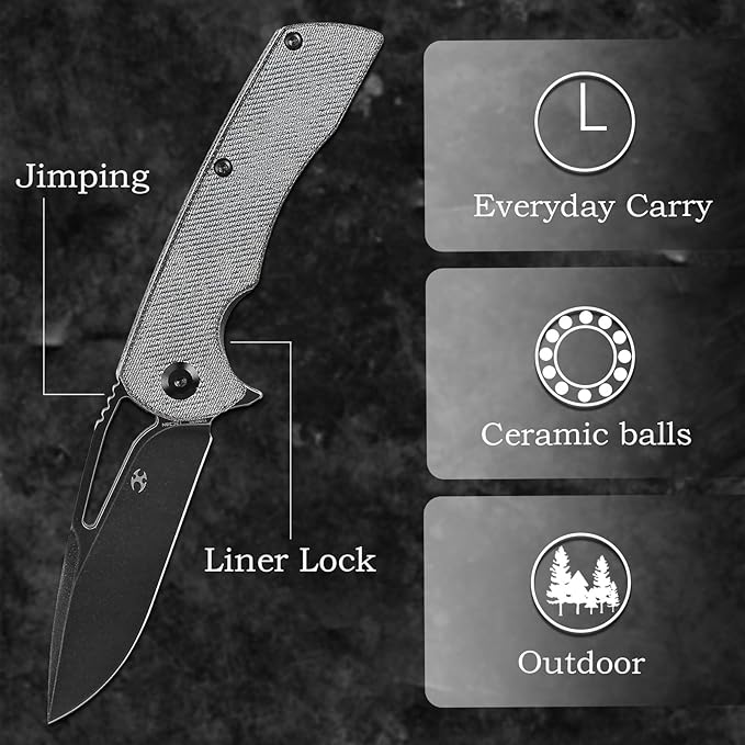 KANSEPT Kryo Pocket Knife 8.08in Folding Knives with 3.58in12C28N Steel Drop Point Blade and Denim Micarta Handle for Outdoor Tactical Survival and EDC T1001M1