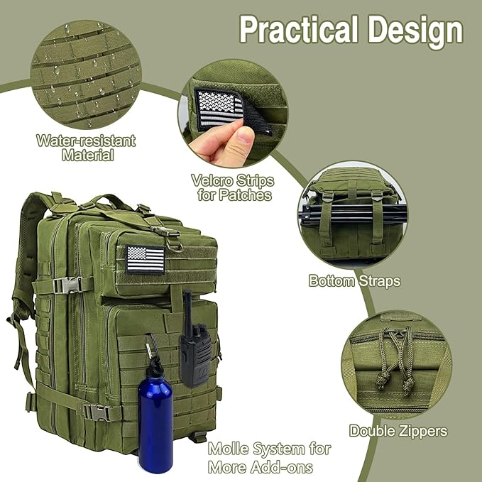WOLT Military Tactical Backpack for Men 45L Molle Backpack 3 Day Assault Pack Bug Out Bag Heavy Duty Rucksack for Hiking Gym(Army Green)