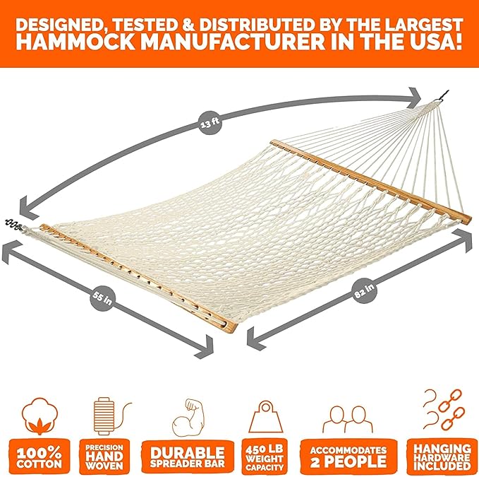 Castaway Living 13 ft. Double Traditional Hand Woven Navy Polyester Rope Hammock – 2-Person 450 lb Capacity Free Extension Chains &amp Tree Hooks Designed in The USA