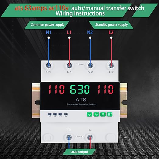 63 amp AC110V Automatic/Manual Transfer Switch with LED Display 50/60Hz 2P 63A ATS Auto Dual Power Outdoor Changeover Switch for Home Generator L1 Priority Din Rail Mount Selector Transfer Switches