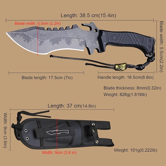 BA-KOR U.S.A 8mm thick DC53 steel 38.5CM (15.4in) (full tang) fixed knife+Nylon sheath&amp(5.9in) cerium igniter suitable for outdoor hunting camping Jungle Survival exploration EDC tool knife