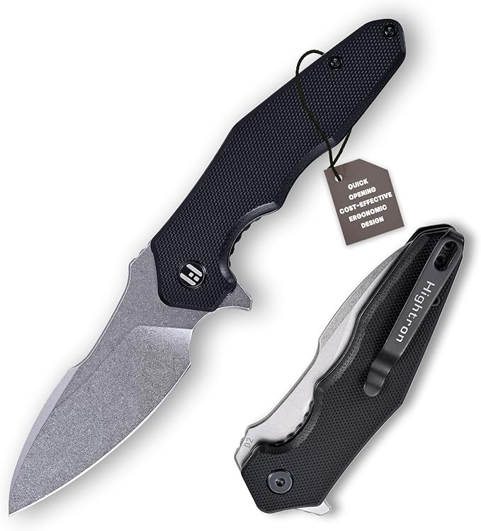 Hightron Mini Ventura Pocket Knife Flipper Folding Knife with 2.85 Stonewashed Sharp D2 Blade and G10 Handle EDC Pocket Knives with Pocket Clip for Camping Hiking Black-W