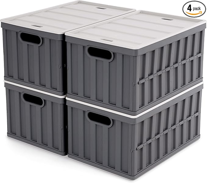 Citylife 64L Collapsible Storage Bins with Lids Plastic Storage Containers for Organizing Stackable Storage Box Large Heavy Duty Utility Crates 4 Packs
