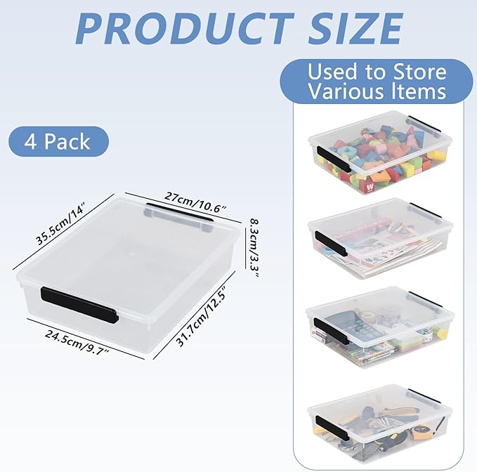 Wekioger 6 Quart Clear Flat Organizer Box with Lid Plastic File Storage Bin 4 Pack