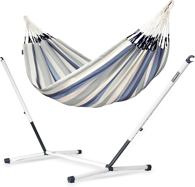 LA SIESTA® - Large Double Brisa Classic Hammock &amp Nautico Steel Stand - Weather &amp Tear Resistant Portable Hammock w/Stand - Balcony Porch Garden Outdoor Indoor Hammock - 2-Person Max 355 Lbs