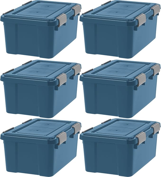 IRIS USA WeatherPro 19 Qt Eco-Friendly Storage Bins with Lids 6 Pack BPA-Free Plastic Gasket Box with Tight Latch and Seal Stackable Nestable Tote Tub - Navy