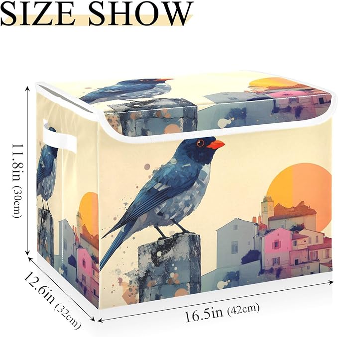 AIXIWAWA Lidded Storage Cube (Bird Artwork) Fabric Foldable Closet Bins with Flip Lid and Handles Organizer Basket Container 16.5 x 12.6 x 11.8 IN