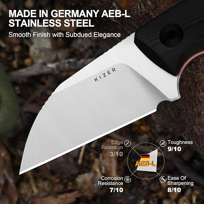 Kizer Snick Fixed Blade Knife with Sheath 2.68 AEB-L Steel Sheepfoot Camping Knife with Black G10 Handle EDC Knives for Hiking 1085A1