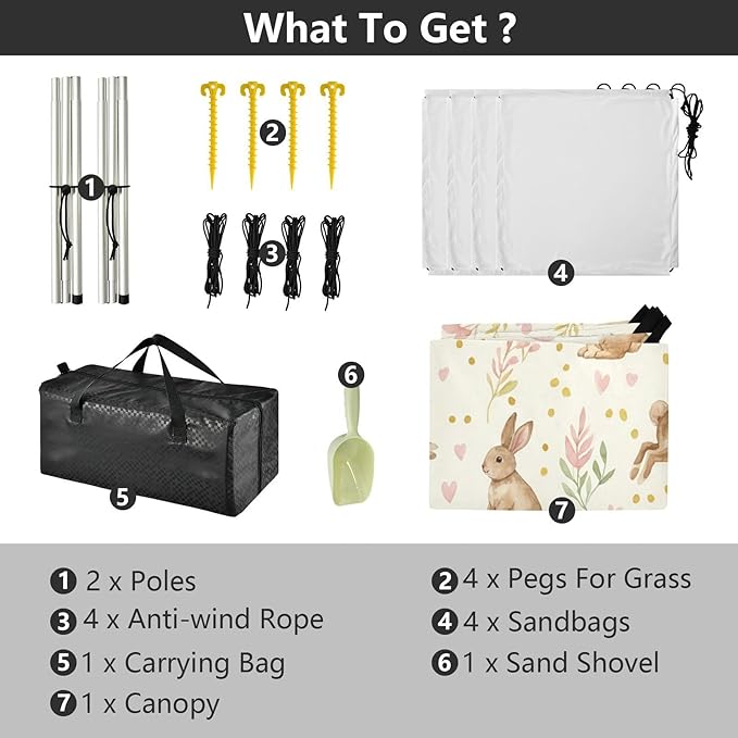 xigua Easter Bunny Beach Tent Sun Shelter with Carrying Bag - Silver Coated Oxford Fabric Beach Canopy for Beach Camping Fishing - Includes Windproof Ropes Sandbags &amp Stakes