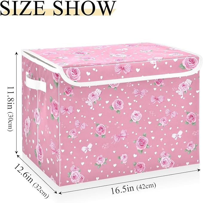 Pink Valentine Heart Roses Bows Storage Box with Lid 1 PC Foldable Storage Bin with Lids Stackable Storage Bins Cube Closet Organizer Basket with Flip-Top Lid &amp Handles for Shoes Books Towels
