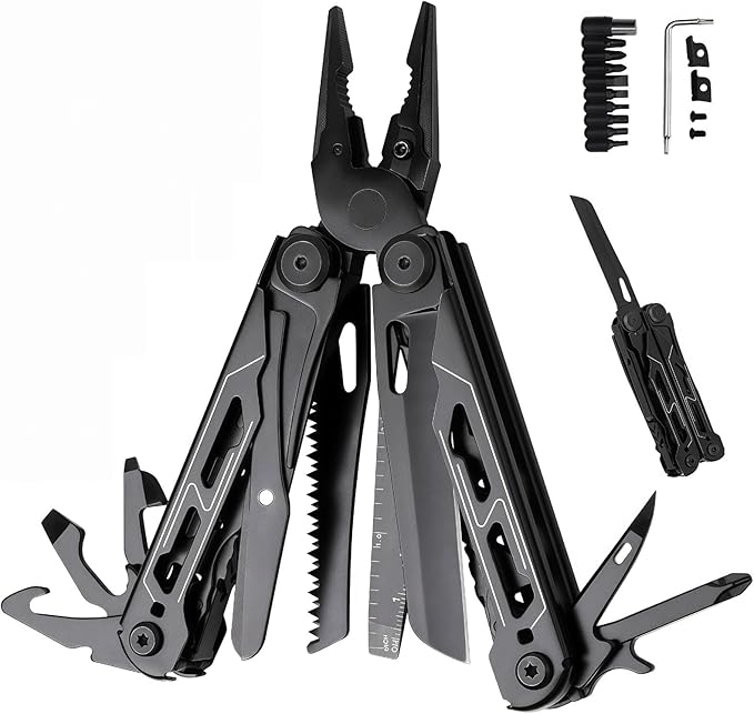 Multitool 17-in-1 Full-Size Lightweight EDC Multi-Purpose Pliers Nylon Bag Camping Knives &amp Tools Tactical Outdoor Gear Mens Gifts Ideas Gifts for Hunters Men who have Everything (Black)