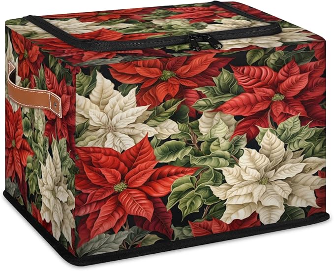KOBLEN Poinsettia Flower Storage Basket Collapsible Rectangular Storage Bins with Zipper Lid Handle Closet Shelf Cloth Organizer Basket for Nursery Bedroom Clothes Toy 2 Pack