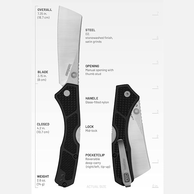 Kershaw Hatch Pocket Knife Black and Gray Design 3.15 Inch Steel Cleaver EDC with Manual Opening Reversible Deep Carry Everyday Carry Pocket Knife for Men and Women