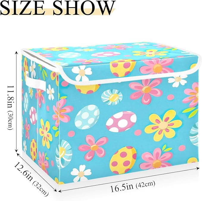 Christmas Storage Baskets with Lids Cute Flowers and Eggs Collapsible Bins Stackable Fabric Linen Baskets Closet Organizer Container 16.5x12.6x11.8