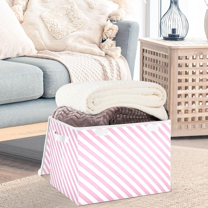 CaTaKu Pink Stripes Storage Bins with Lids and Handles Fabric Large Storage Container Cube Basket with Lid Decorative Storage Boxes for Organizing Clothes