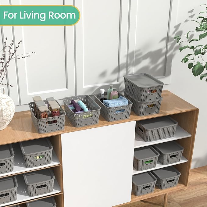 Plastic Storage Baskets with Lid-Plastic Storage Containers Stackable Storage bins: Storage Baskets for Organizing Shelves Drawers Desktop Closet Playroom Classroom Office8 Pack-Gray10.2x7.2x4.1Inch