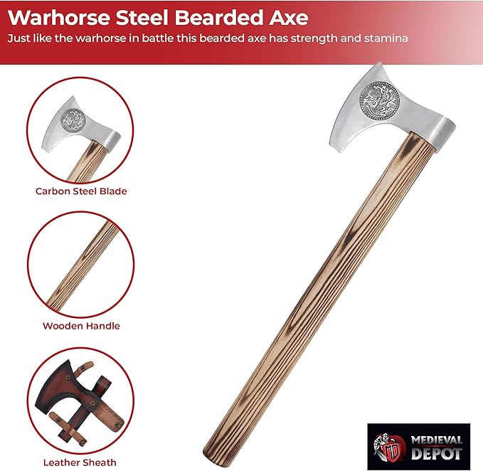 MedievalDepot Warhorse High Carbon Forged Steel Bearded Axe - Overall 20 Outdoor Axe with Genuine Leather Sheath