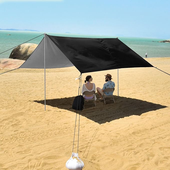 Black Beach Cabana UPF50 Lightweight Large Portable Sun Shelter with Sandbags and Shovel for Camping Picnics Backyard