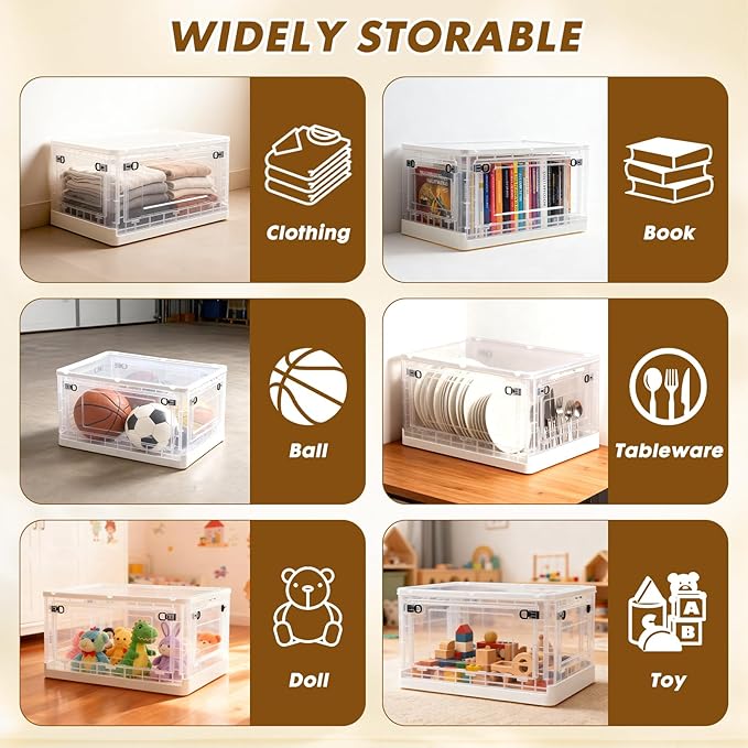 88 QT Clear Storage Bin with 5-Sided Open Lid Stackable Plastic Storage Bins For Bedroom Living Room Office Multifunctional Foldable Storage Box For Clothes Office Supplies Snacks (4Pcs)